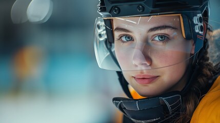 Portrait of a focused young woman wearing ice hockey gear and helmet with a visor