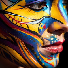 A close-up of a persons face painting. 