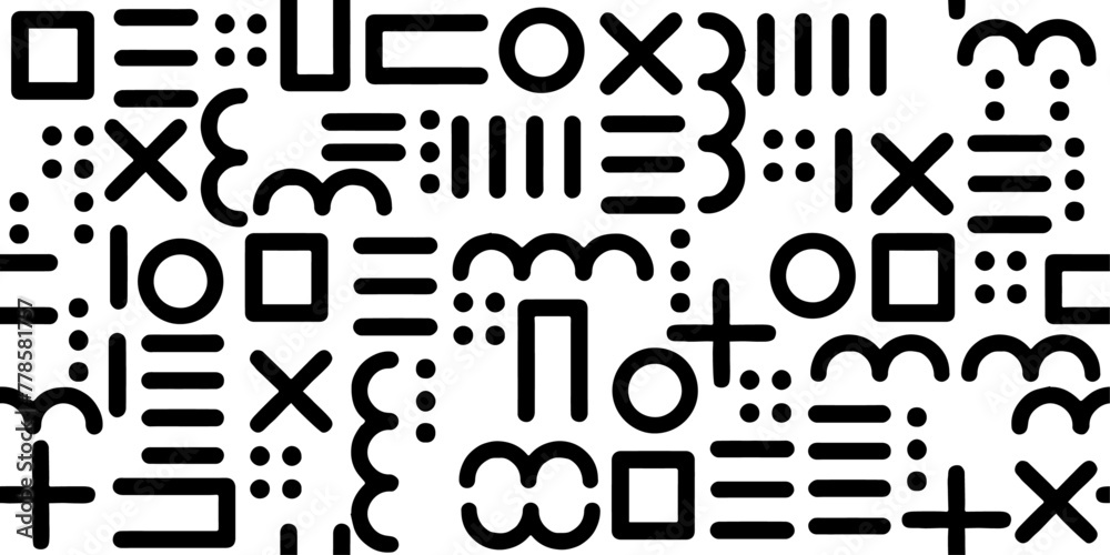 Poster Pattern of geometric shapes, squares and circles, dots and sticks. Black and white abstract pattern of shapes.