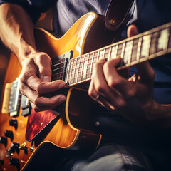 A close-up of a persons hands playing a guitar.