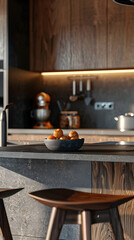 Fototapeta na wymiar Kitchen with hardwood table, stools, and bowl of oranges