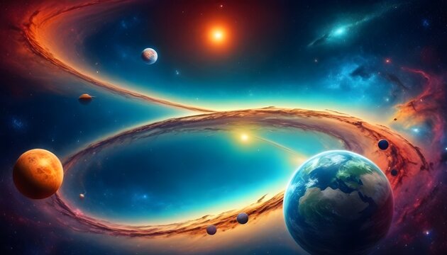 Crea una imagen de un vasto universo lleno de innumerables galaxias gemelas, con LUANA destacando en el fondo. Muestra la diversidad de planetas en LUANA, con colores vibrantes y formas inusuales. Des