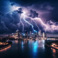 A dramatic shot of lightning over a city skyline. 