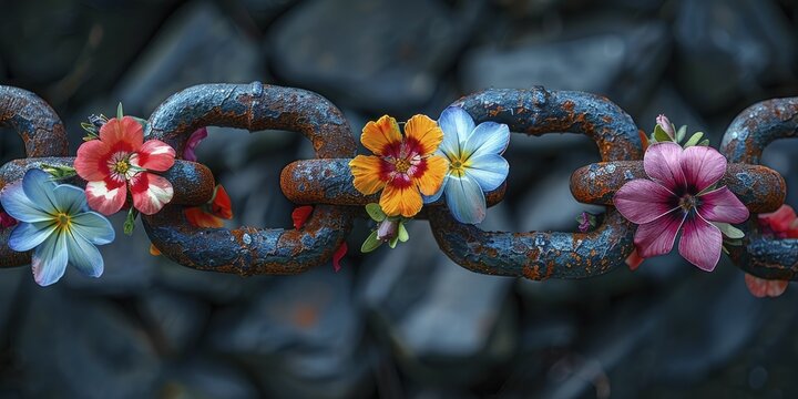 A broken chain link made of flowers, symbolizing breaking free from unsustainable practices to embrace green business strategies.