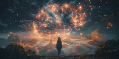 Amidst a celestial brain, a solitary soul delves into the cosmic depths of the mind for groundbreaking ideas. - obrazy, fototapety, plakaty
