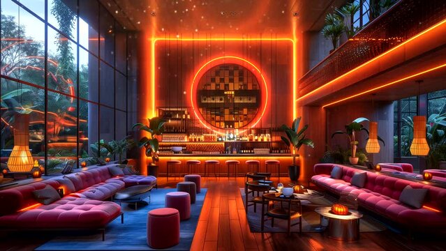 Modern bar interior with colorful neon lights at night. seamless looping 4k time-lapse video background