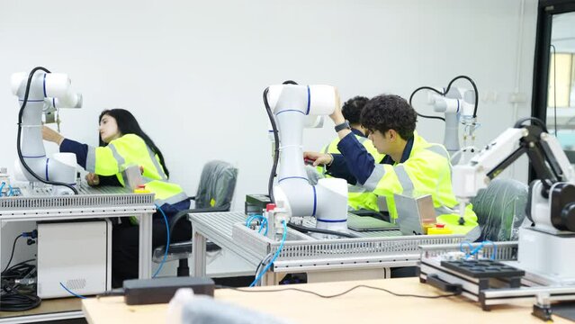Manufacturing, industry technology and science concept. Man and woman technician engineer testing and maintenance electric robotic machine arm system with computer software in factory laboratory.