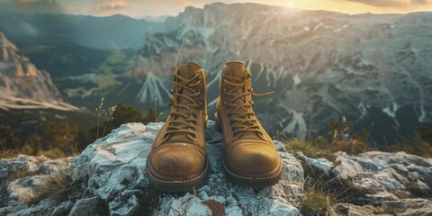 A pair of shoes at the base of a mountain trail, depicting the initial step towards achieving lofty business goals and the journey that awaits. - obrazy, fototapety, plakaty
