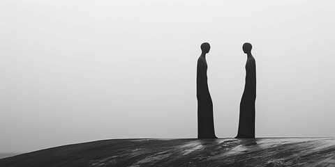 Two minimalist silhouettes, one towering over the other, symbolize mentorship, guidance, and the transfer of wisdom.