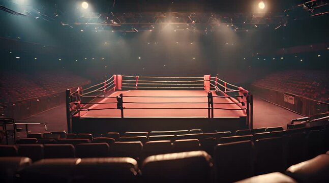 Bench at night. Empty boxing ring highlighted by lights from different sides.