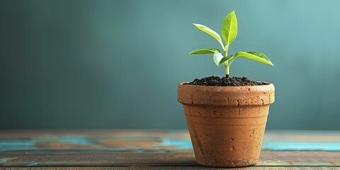 Capturing the essence of sustainable progress, a seedling thrives in a recycled pot, embodying eco-conscious business evolution. - obrazy, fototapety, plakaty