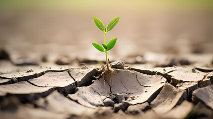 Dry cracked earth background and growing green plants save the planet from global warming