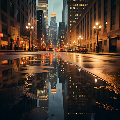 Fototapeta na wymiar A reflection of city lights on a rain-soaked street