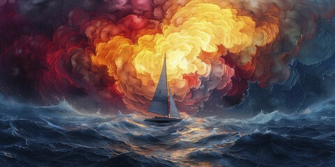 A simple outline of a boat sailing through a sea of chaotic waves painted in broad, abstract strokes, representing navigating business uncertainty. - obrazy, fototapety, plakaty