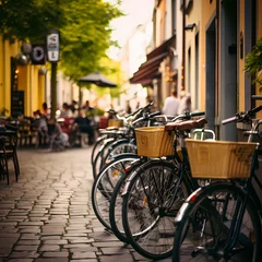  A row of bicycles parked in front of a cafe. © Cao