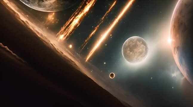 A meteor shower hits a planet in outer space. The moon appeared to be shining nearby.