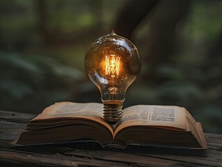 A single lightbulb growing out of a book, representing the illumination of inspiration through knowledge in business development. - obrazy, fototapety, plakaty