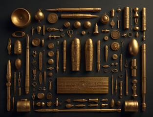 Golden egyptian pharaoh mask and artefacts knolling top view
 - obrazy, fototapety, plakaty