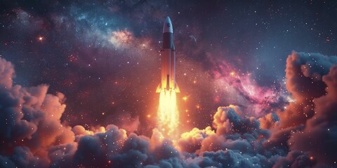 A sleek, minimalist rocket ascending against a backdrop of abstract stars, depicting ambitious business projects taking off towards success. - obrazy, fototapety, plakaty