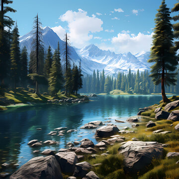 A serene mountain lake surrounded by pine trees.