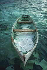 An illustration of the struggle to steer environmental policies amid bureaucratic obstacles as a small boat navigates through paperwork-laden waters. - obrazy, fototapety, plakaty