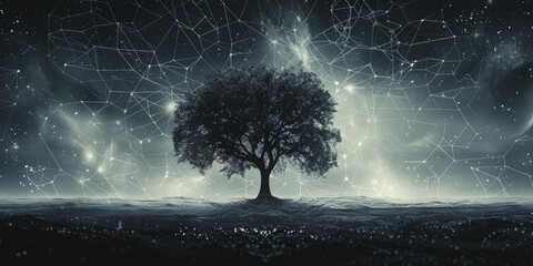 The solitary tree stands boldly amidst cosmic patterns, embodying natural evolution within the digital age. - obrazy, fototapety, plakaty