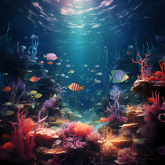 A surreal underwater scene with colorful fish and aquatic plants