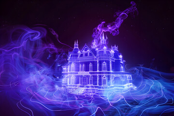 Neon wireframe haunted mansion in neon moonlight with purple fog isolated on black background.