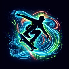 A neon dancer in action on a skateboard 