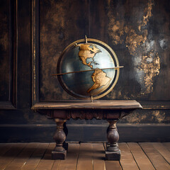 Antique globe on a weathered wooden desk. 