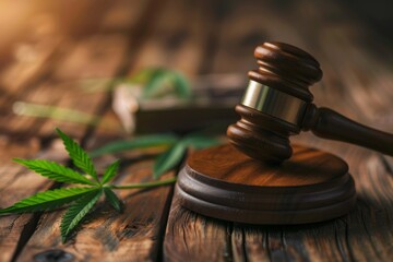Legal recreational weed and cannabis law concept. Judge gavel with cannabis leaf symbol.