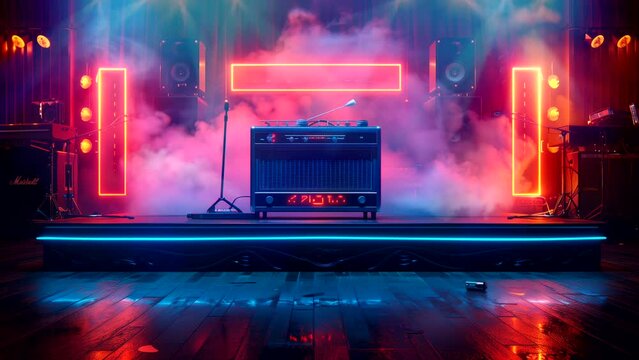 Radio in the music studio room with neon lighting. seamless looping 4k time-lapse video background