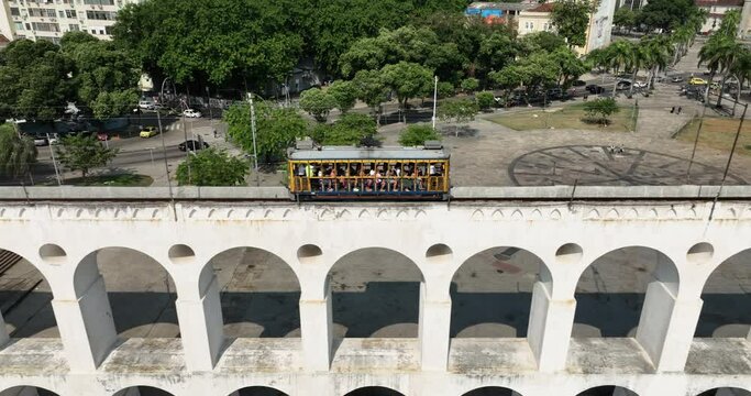 Aerial view of Carioca Aqueduct bridge with tram on the top,  Rio de Janeiro, Brazil 