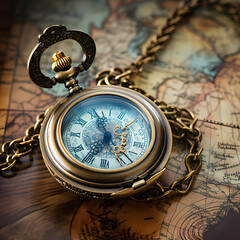 Antique pocket watch against a weathered map. - obrazy, fototapety, plakaty