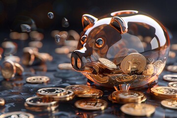 one bitcoin at a time, secure you future with piggy bank savings - obrazy, fototapety, plakaty