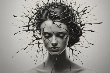 Conceptual Illustration of Psychosis: A girl with chaotic objects spreading from her head, encapsulating the distress of the disorder. - obrazy, fototapety, plakaty