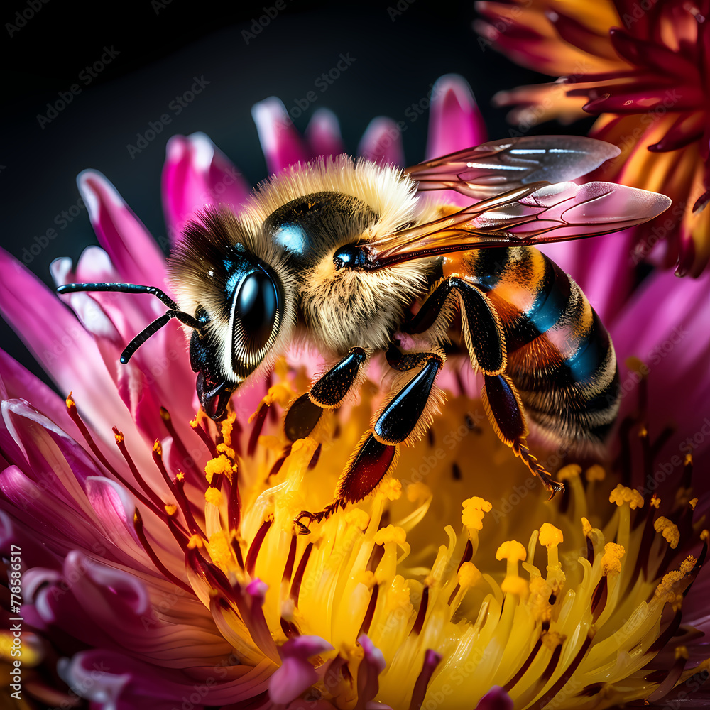 Wall mural Close-up of a bee pollinating a colorful flower.