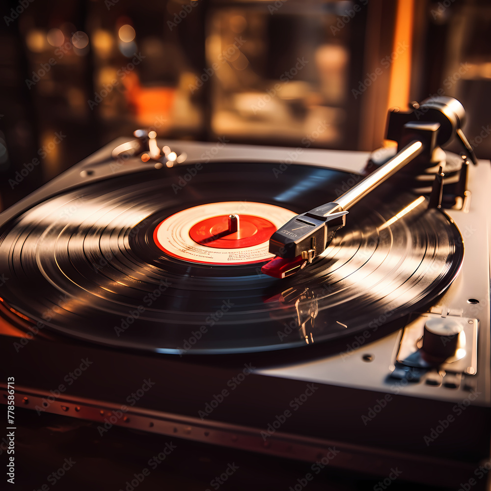 Sticker close-up of a vinyl record spinning on a turntable