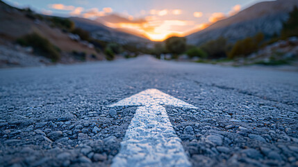 road with arrow on asphalt in sunset time, bokeh background. Shot by Nikon D850 with an 2470mm f/3...