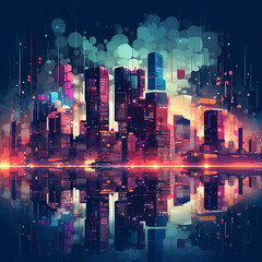 Digital cityscape with pixelated buildings.