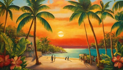 Imagine a captivating mural that seamlessly blends the vivacious spirit of salsa music with the serene beauty of a tropical oasis. This mural concept, titled 
