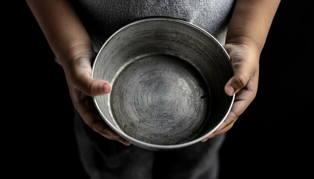 M&Atilde;OS DE CRIAN&Ccedil;A POBRE SEGURANDO UMA TIGELA VAZIA EM UM CONCEITO DE INSEGURAN&Ccedil;A ALIMENTAR, FOME, POBREZA E M&Aacute; DISTRIBUI&Ccedil;&Atilde;O DE RENDA