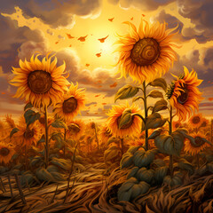 Gigantic sunflowers in a golden field. 