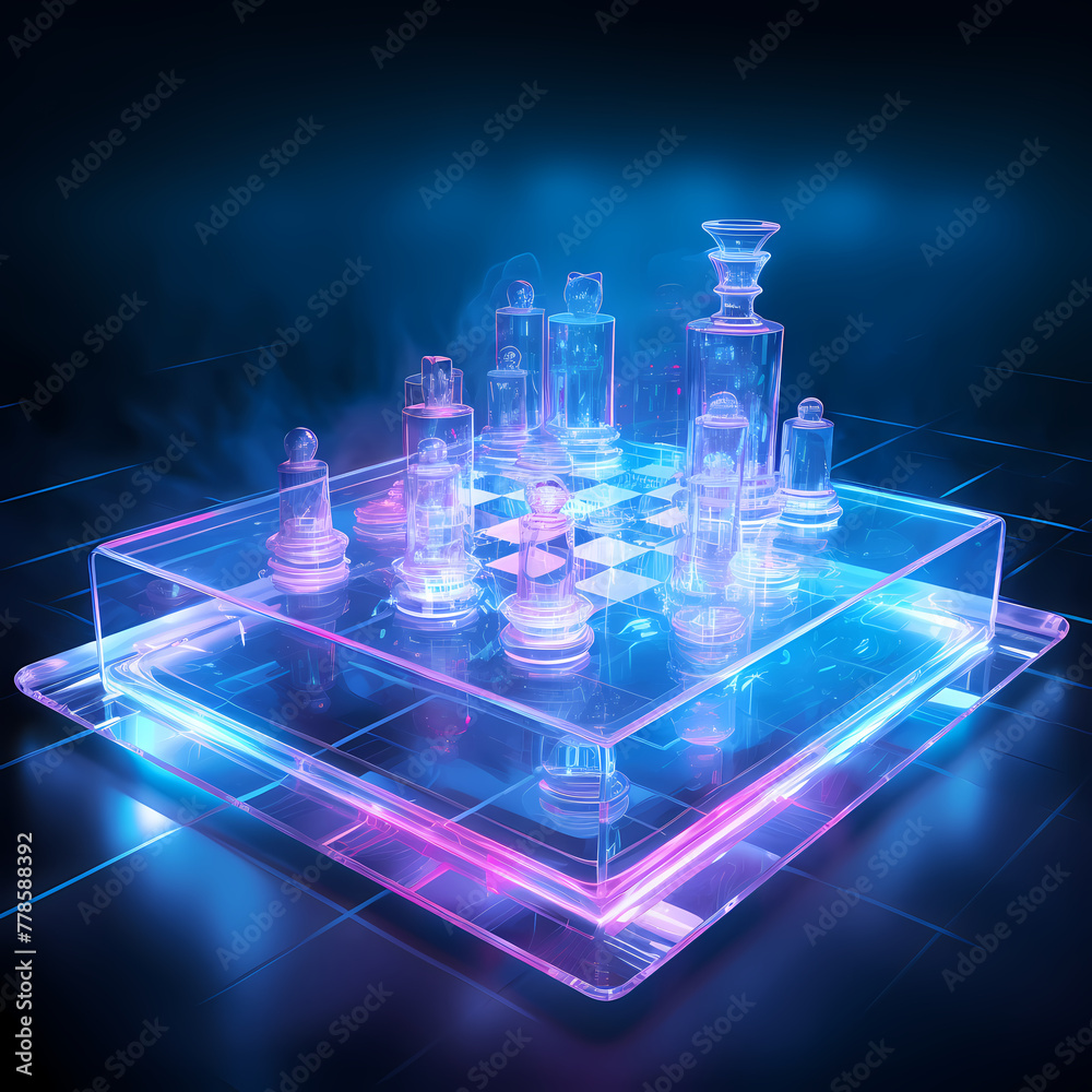 Poster Holographic chessboard with pieces made of light.