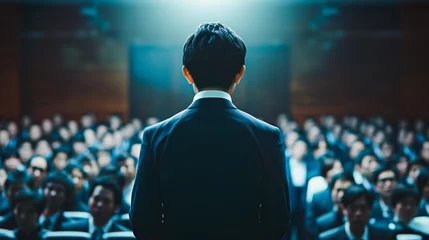 Foto op Plexiglas 聴衆の前に立つスーツ姿の若い男性の後ろ姿 © Hanasaki