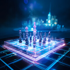 Holographic chessboard with pieces made of light. - obrazy, fototapety, plakaty