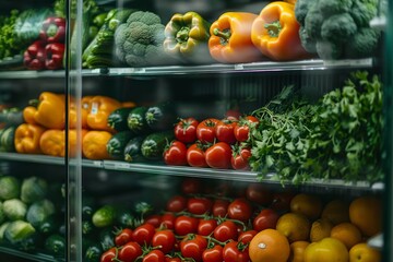 Refrigerator shelves stocked with vegetables. Promoting healthy eating and vegan lifestyle.