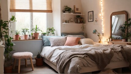 cozy and calm minimalist bedroom with natural light and plan