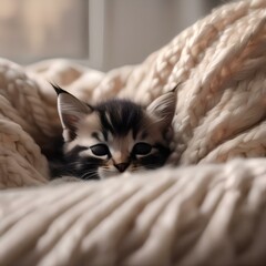 A sleepy kitten nestled in a cozy bed, with a paw tucked under its chin3 - obrazy, fototapety, plakaty