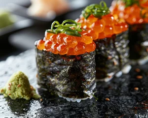 Fotobehang Artisanal sushi set where the flavors of salmon roe and sea urchin are elevated by a cozy © WARIT_S